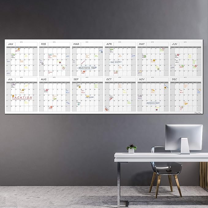 CLEVER CLEAN Large Dry Erase Wall Calendar - 36"x96" 12-month 2025 Undated Yearly Calendar for Home, Office, School Projects - Jumbo Reusable Laminated Task Organizer