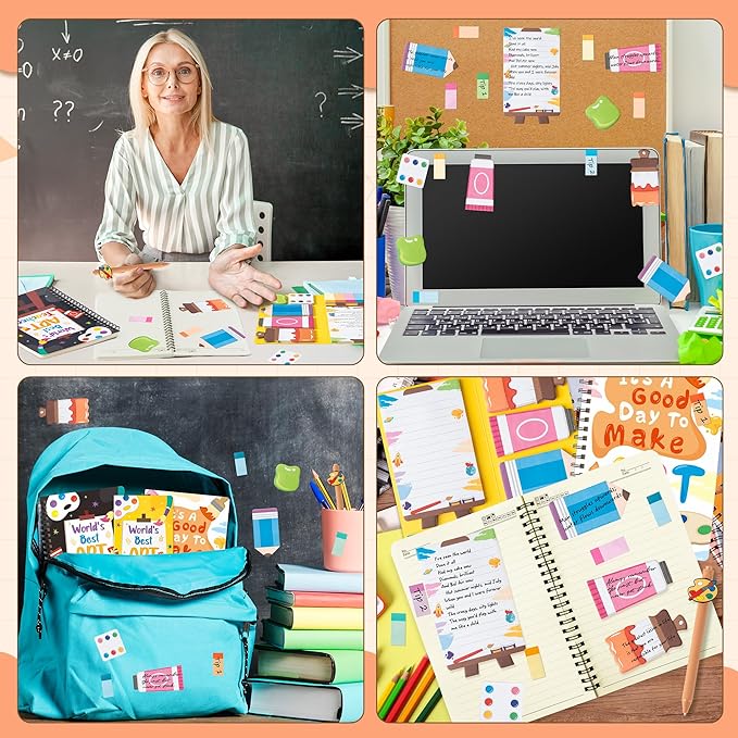 B1ykin Stationery Gift Set - 3Pcs Notebook Sticky Notes, A5 Spiral Notebooks & 550 Sheets Cute Sticky Notes with Pens Kit for Office School Teacher Thanksgiving Supplies (Art Teacher)