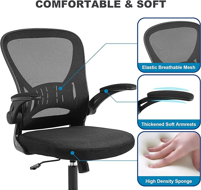 Mesh Office Chair, Ergonomic Home Office Desk Chairs with Flip-up Arms and Lumbar Support, Height Adjustable, Black