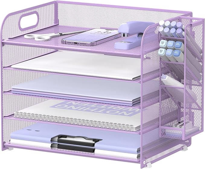SUPEASY 5 Tier Desk Organizer with Handle & Removable Pen Holders, Mesh Paper/File Organizer for Desk, Paper Letter Tray Organizer for Office Supplies (Purple)