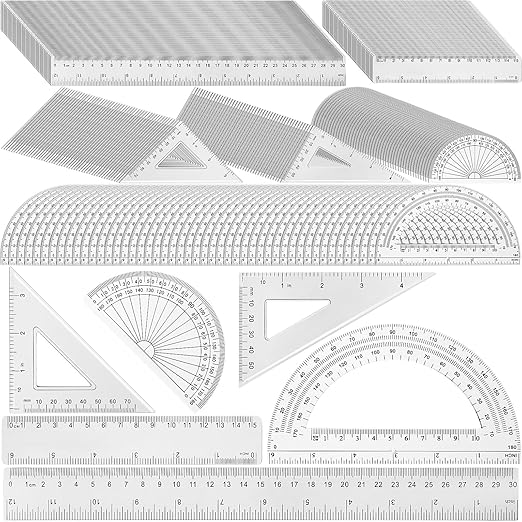 Tenare 288 Pcs Plastic Clear Math Set Includes Protractor Triangle Rulers 12 Inch 6 Inch Straight Geometry Math Transparent Ruler Measuring Tool for School Office Home Supplies