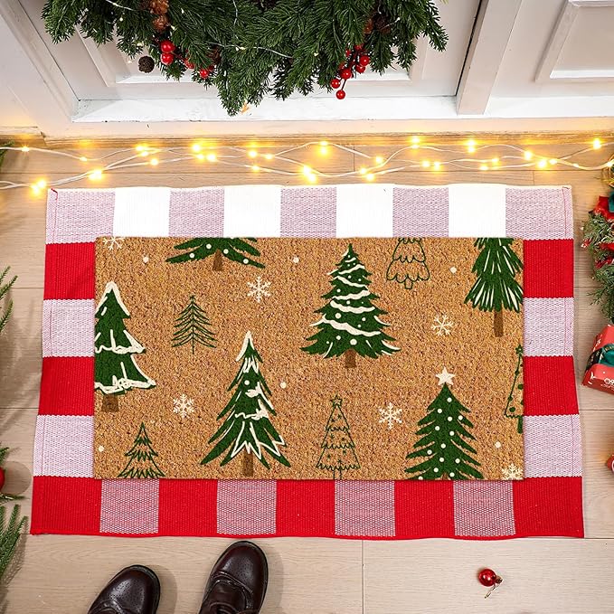 2 Pcs Christmas Coir Doormat Outdoor Rugs Christmas Tree Welcome Mats Layered Buffalo Plaid red and White Mat Plaid Mat for Xmas Front Porch Entryway Outdoor Decor