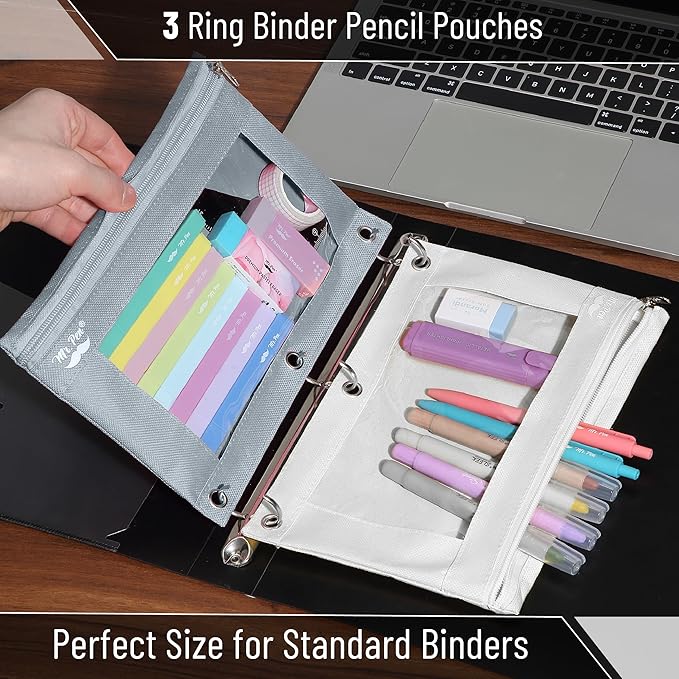 Mr. Pen- Pencil Pouch for 3 Ring Binder, 2 Pack, Grey and Beige, 3 Ring Binder Pencil Pouch