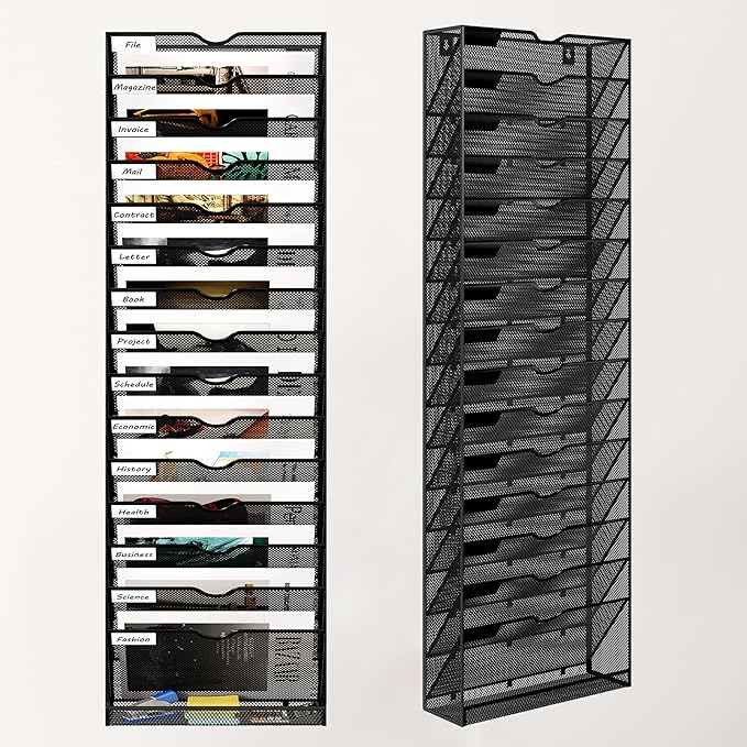 16 Tier Hanging Wall File Holder, Metal A4 Wall Mounted Document Holder, Vertical Hanging Mail Organizer, Magazine Storage Rack with Tray for Office Home Classroom, White