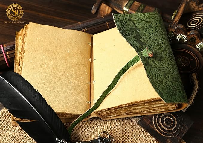 SH SHIFAA HANDICRAFT Leather Journal - Antique Handmade Deckle Edge Vintage Paper Leather Bound Journal - Book of Shadows Journal - Leather Sketchbook - Drawing Journal - Great Gift (Green) (8x6)