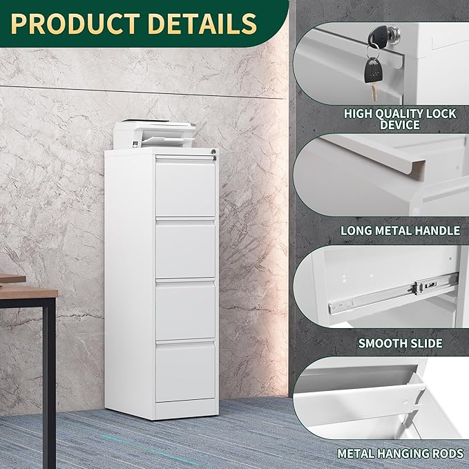 4 Drawer File Cabinet with Lock, Steel Vertical Filing Storage Cabinet for Home Office, Heavy-Duty File Cabinets for Letters/Legal/A4 (Require Assembly, White)