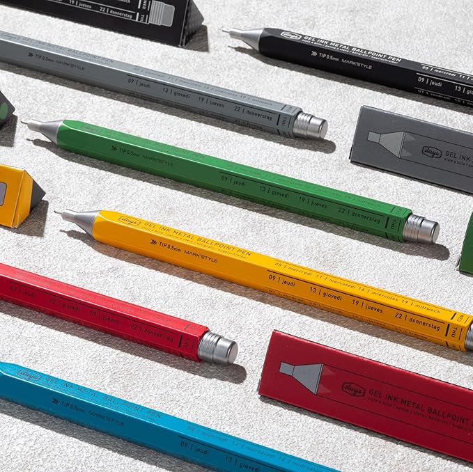 MARK'STYLE days, Gel Ink Metal Ballpoint Pen - 0.5mm Retractable Black Ink, Retro styling Light Weigh Pen, Made in Japan- Perfect for School, Office, and Journaling (Blue)