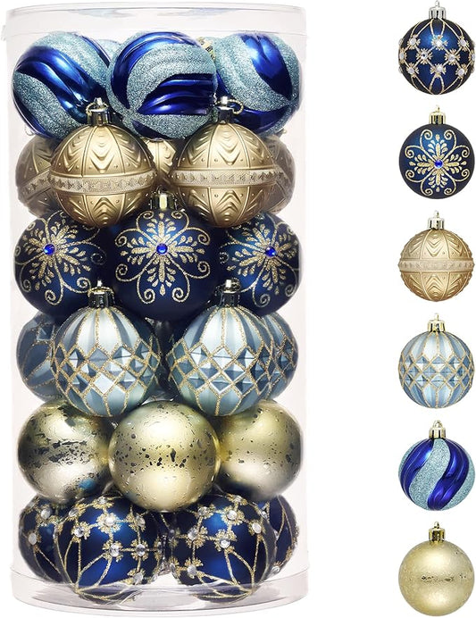 Valery Madelyn Christmas Ornaments Set, 30ct 2.36 Inches Blue and Gold Shatterproof Christmas Tree Decorations Ball Ornaments Bulk, Luxury Hanging Ornaments for Xmas Holiday Party Decor