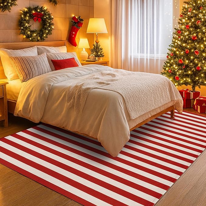 Christmas Red & White Striped Rug - 4' x 6' Outdoor Front Door Decor Mat Cotton Washable Hand-Woven Rug Christmas New Year Holiday Porch Entryway Layered Doormat