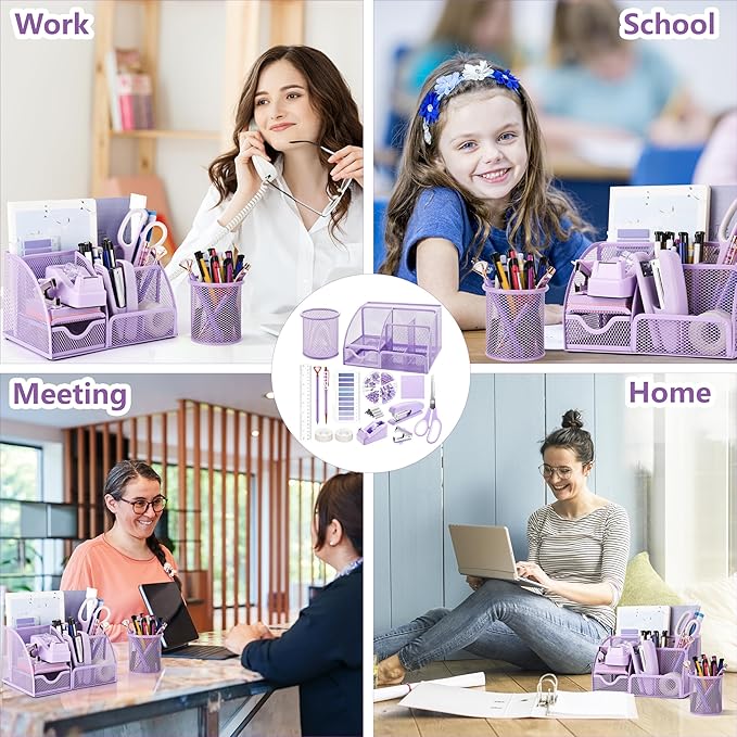 15 Pcs Purple Office Supplies Set Mesh Desk Organizer Accessories Kit Include Stapler Tape Dispenser Staple Remover Clips Ruler Scissors Sticky Notes for Office School Home Women (Purple)