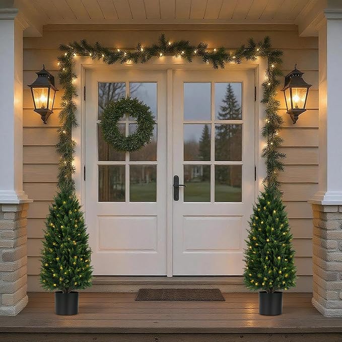 Artificial Cedar Trees, 3FT Tall Faux Tree Potted Plants with Trunk 36in Fake Cypress Tree for Indoor Outdoor Front Porch Garden Decor-2pack