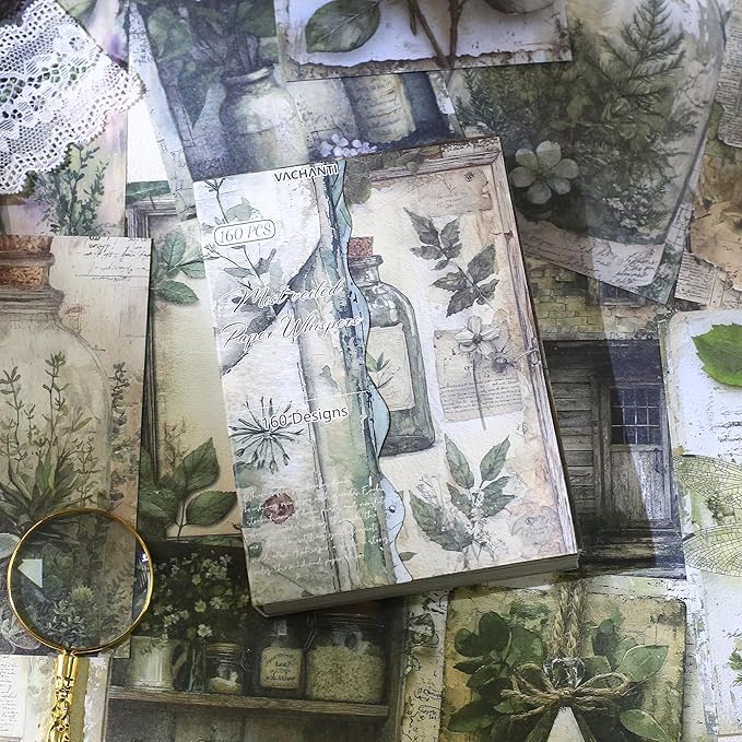 160 Sheets Vintage Flower Scrapbook Paper Green Collage Flowers No Repeating Patterns Perfect for Junk Journal DIY Cards Craft Albums Scrapbooking Supplies (Green, 3.9 x 5.5 inches)