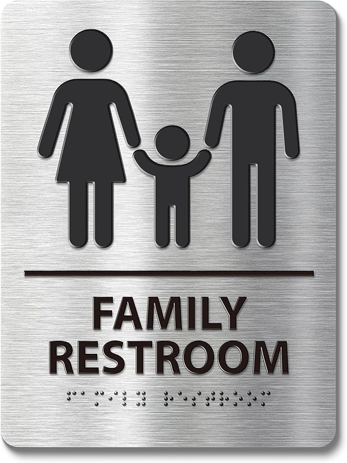 ADA-Compliant Family Restroom Sign with Braille – Modern Aluminum Bathroom Sign for Public Facilities, Airports, Malls, Restaurants, and Offices, Easy Installation - 6" W x 8" H