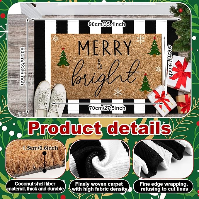 2 Pcs Christmas Door Mat Outdoor Merry Christmas Nature Coir Welcome Outdoor Rug Black White Stripe Xmas Front Porch Rugs Non Slip Floor Mats Indoor Entrance Decor
