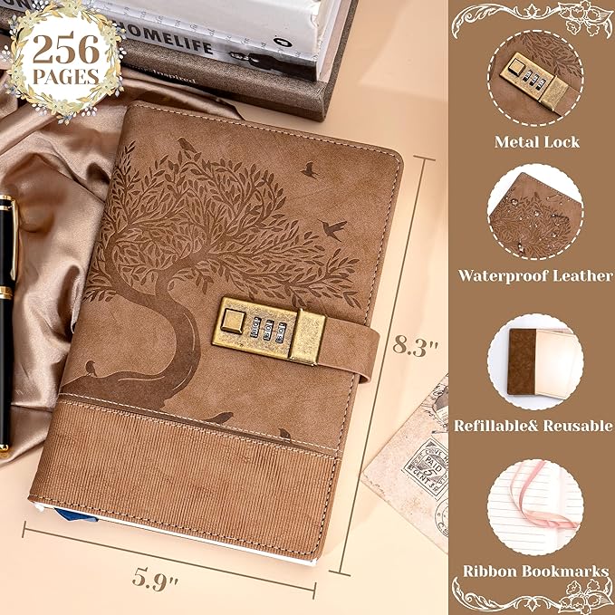 Vintage Diary with Lock for Women Men 256 Pages Leather Password Journal with Lock A5 Locked Journals for Writing Note Taking, 5.9x 8.3 in, Brown