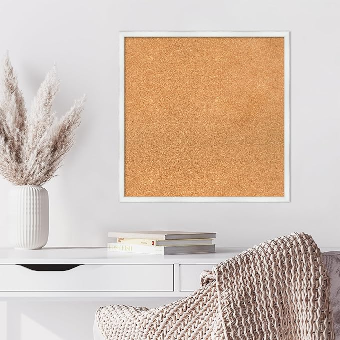 Amanti Art Natural Cork Board for Wall, 25x25 Vision Board with White Frame, Medium Corkboard Office Decor for Home Organization, Country Rustic Corkboard Pinboard to Display Items for Home