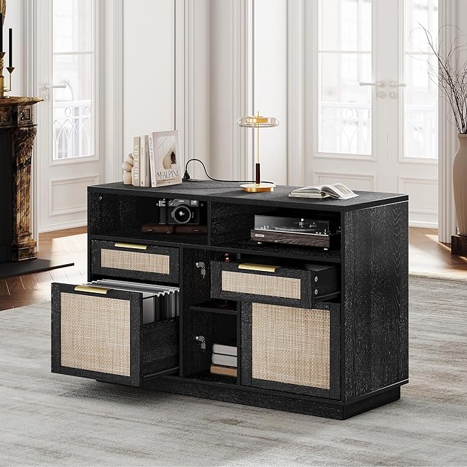 4 Drawer File Cabinet, Fluted Wood Lateral Filing Cabinet with Lock and Charging Station for Home Office, Printer Stand with Open Storage Shelves, Fits A4, Letter Size, Black