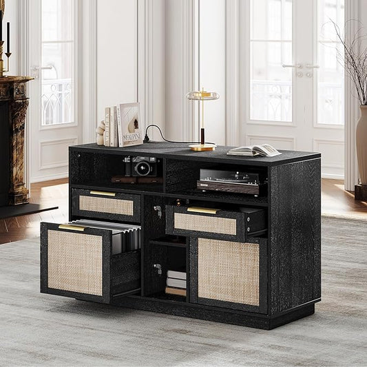 4 Drawer File Cabinet, Fluted Wood Lateral Filing Cabinet with Lock and Charging Station for Home Office, Printer Stand with Open Storage Shelves, Fits A4, Letter Size, Black