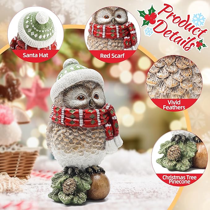 Christmas Owl Figurines for Holiday Decorations, Xmas Owl Statues Decor for Shelf Table Bookshelf Office Home Decor,Winter New Year Decoration -Indoor Christmas Statue Owl Gifts for Bird Lovers Women
