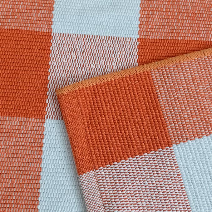 Buffalo Plaid Outdoor Rugs, 2'4" x 3'7" Orange and White Check Indoor/Outdoor Area Rug, Layering Rug for Hello/Welcome Door Mat, Washable Cotton Woven Farmhouse Mat for Fall Front Porch Décor