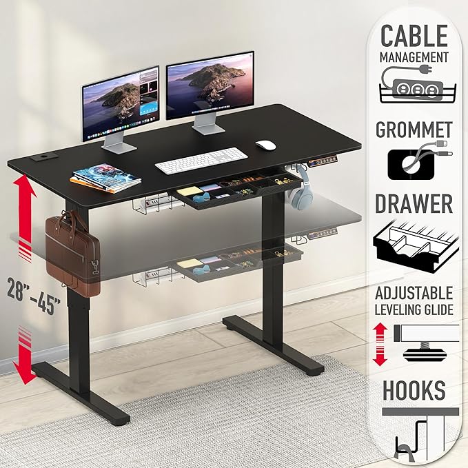 SHW 48-Inch Electric Height Adjustable Standing Desk with Drawer, Memory Preset and Cable Management Tray, Black