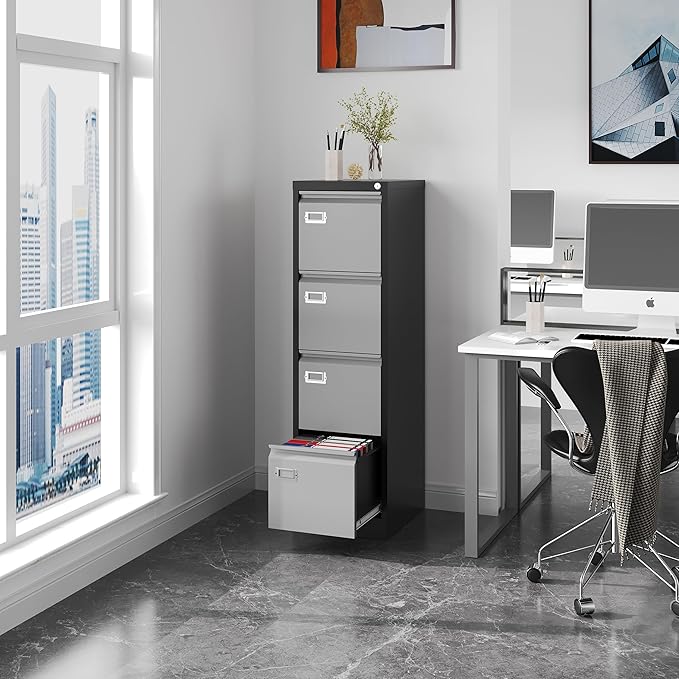 File Cabinets - 4 Drawers Vertical 17.8" Deep Lockable Filing Cabinet - Black & Gray Metal Storage Cabinets for Home Office to Hanging Files Letter/Legal/F4/A4 Size