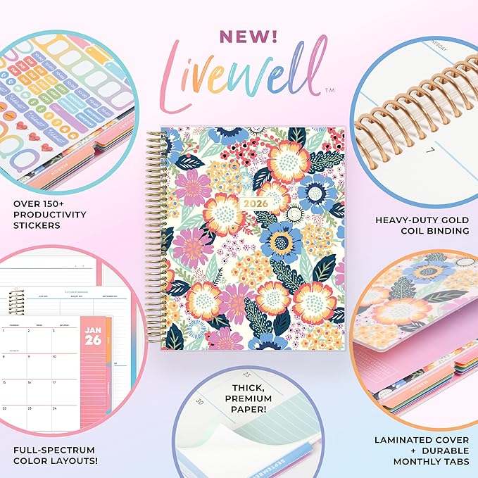 Blue Sky Livewell 2026 Weekly and Monthly Planner Calendar, January 2026 - December 2026, 7" x 9", Flexible Laminated Cover, Heavy Duty Coil Binding, Colorful Premium Paper, Includes Storage Pocket, Stickers, Charmie