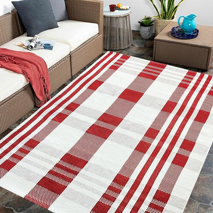 Christmas Plaid Outdoor Rug, 4' x 6' Red&White Check Indoor/Outdoor Area Rug, Layering Rug for Hello/Welcome Door Mat, Machine Washable Cotton Woven Rug for Farmhouse Front Porch, Entryway