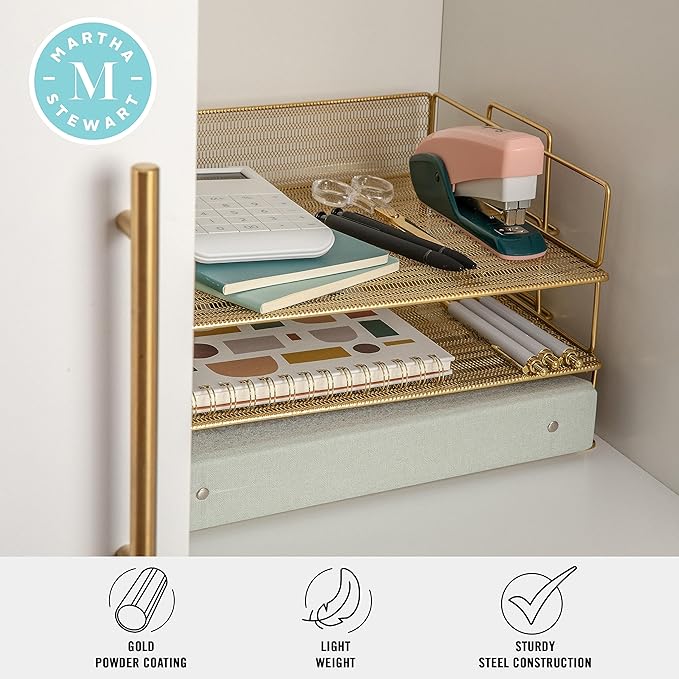 Martha Stewart Ryder 3 Tier Desk Letter Tray Organizer, Stackable Steel Mesh Inbox Tray for Files, Papers, or Letters, Gold