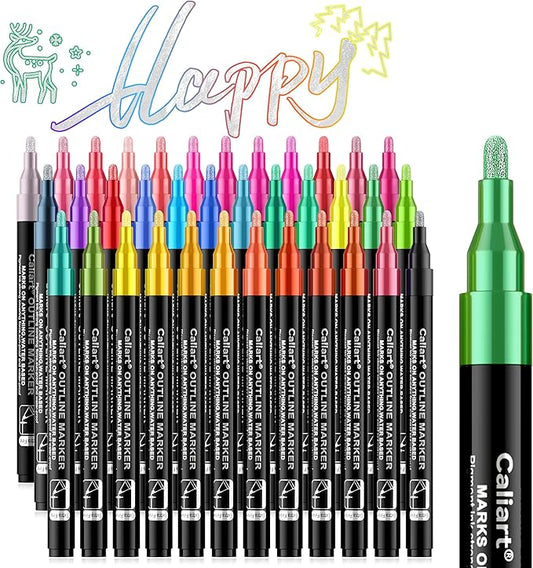 Caliart Easter Basket Stuffers, 36-Color Shimmer Double-Line Drawing Doodle Outline Markers, Teen Girl Gifts Trendy Stuff, Glitter Pens Set Classroom Art Supplies for 4-6-8-10-12 Year Old
