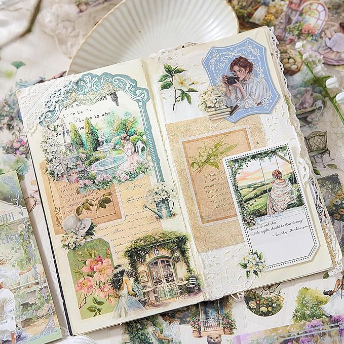 Snycler Green Garden Series Sticker Book - 20 Sheets Vintage PET Stickers for Scrapbooking, Junk Journaling, Ephemera, and Decorative Crafts - Pre-Cut Bright & Cheerful Design Stickers