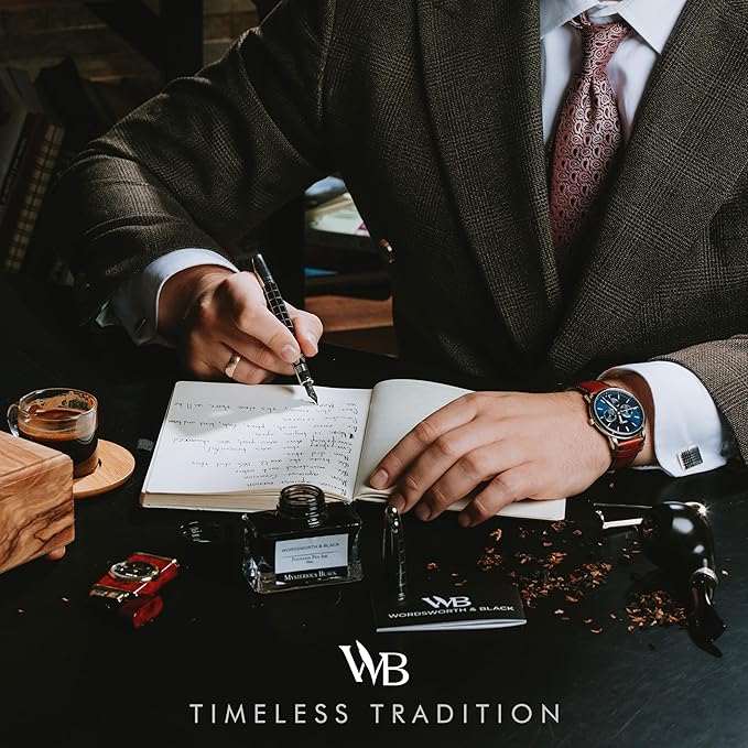 Wordsworth & Black Majesti Fountain Pen-(Checked), Luxury Case, Chrome Finish; Extra Fine Nib- Ink Cartridges, Refillable Ink Converter-Calligraphy Pen-Best Business Gift Set for Men & Women