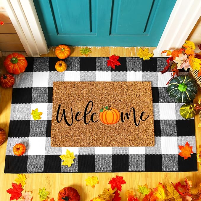 2 Pcs Thanksgiving Coir Doormat Outdoor Thanksgiving Pumpkin Welcome Outdoor Rugs for Layered Buffalo Black White Plaid Mats for Autumn Fall Front Door Porch Entryway Decor