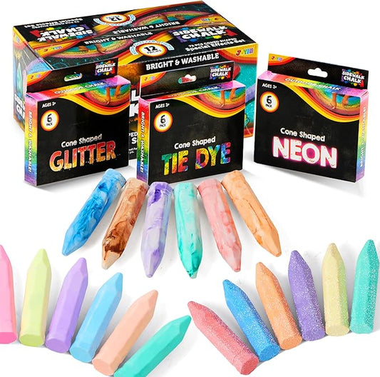 JOYIN 72 PCS Washable Sidewalk Chalks Set in 12 Packs, 18 Colors, Including 12 Tie Dye, 12 Glitter & 12 Neon Colors, School Supplies, Classroom Must Haves, Gift for Kids