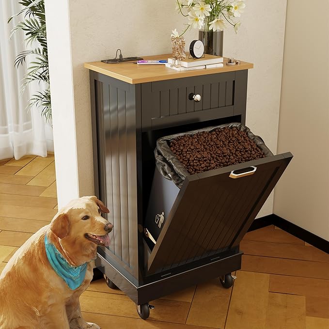 10 Gallon Tilt Out Trash Cabinet, Wooden Kitchen Trash Can Cabinet with Hideaway Drawer, Freestanding Laundry Hamper Garbage Recycling Cabinet on Wheels, Pet Proof, Single, Black