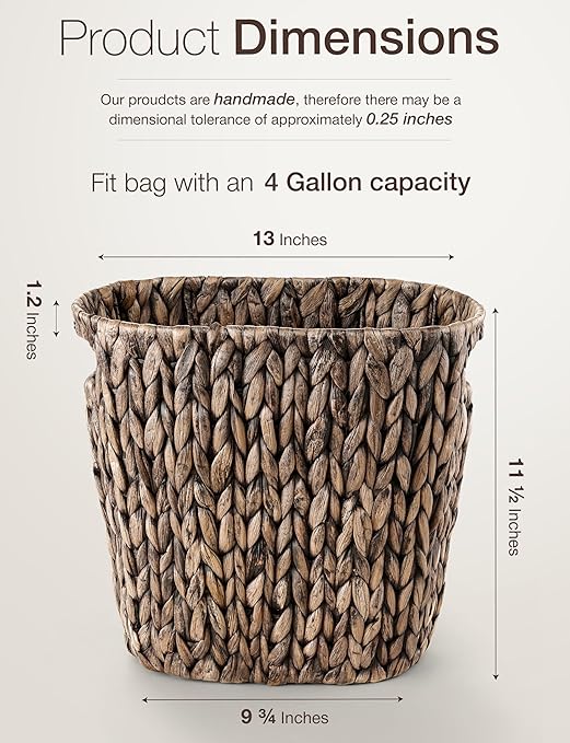 4 Gallons Wicker Waste Basket For Bathroom - Water Hyacinth Wicker Trash Can – Kitchen, Home Bathroom Garbage Can, Oval Magazine Basket - Desk Trash Can, Office Garbage Can with Handles (Black)