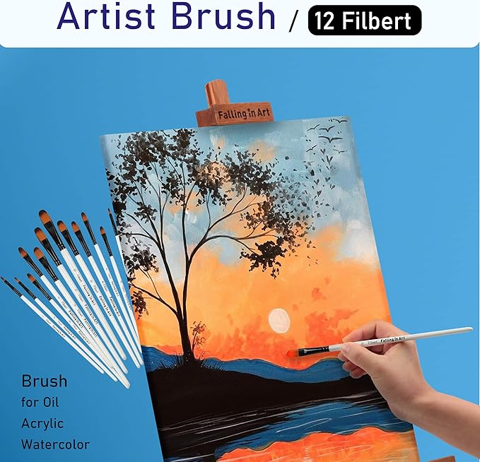 Falling in Art Paint Brushes Set, 12 PCS Nylon Professional Filbert Paint Brushes for Watercolor, Oil Painting, Acrylic, Face Body Nail Art, Crafts, Rock Painting