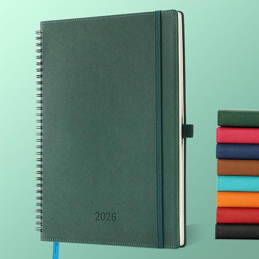 Planner 2026 Daily Weekly and Monthly,11.5"x8.5",12 Months Spiral Bound Calendar Agenda with Self-adhesive Pen Holder,2026 Appointment Book with Vegan Leather Soft Cover,Green
