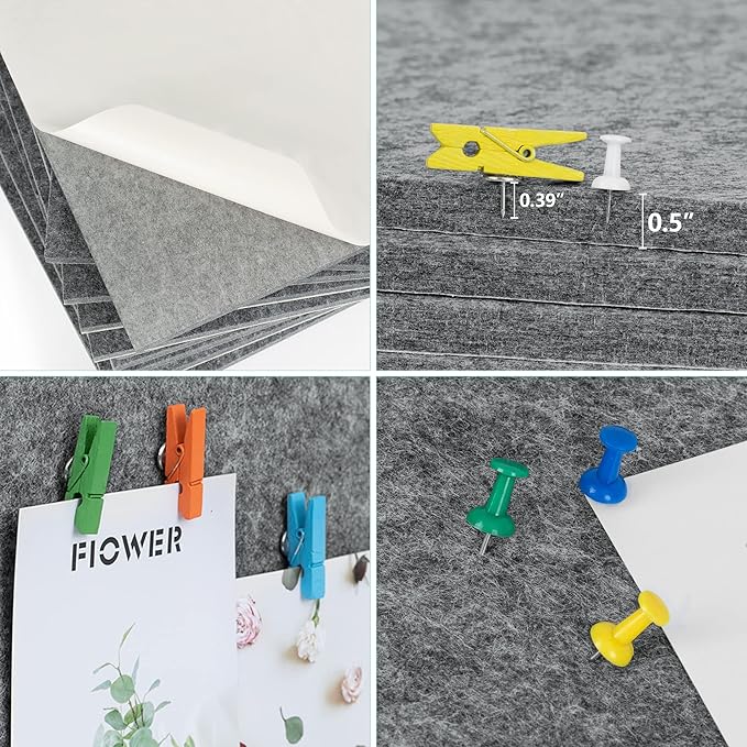 AKTOP Cork Bulletin Board 12x12, 1/2" Thick Felt Cork Board Tiles 9 Pack, Small Square Pin Board for Wall, Self Adhesive Corkboards with 120 Push Pin Wood Clips for School, Home & Office, Grey