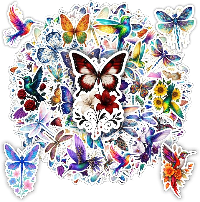 100 PCS Butterfly Dragonfly Hummingbird Stickers Pack, Vinyl Waterproof Decals of Colorful Butterflies Delicate, Gift for Kids Teens Adults Wall Decor Laptop Water Bottle Scrapbook Helmet