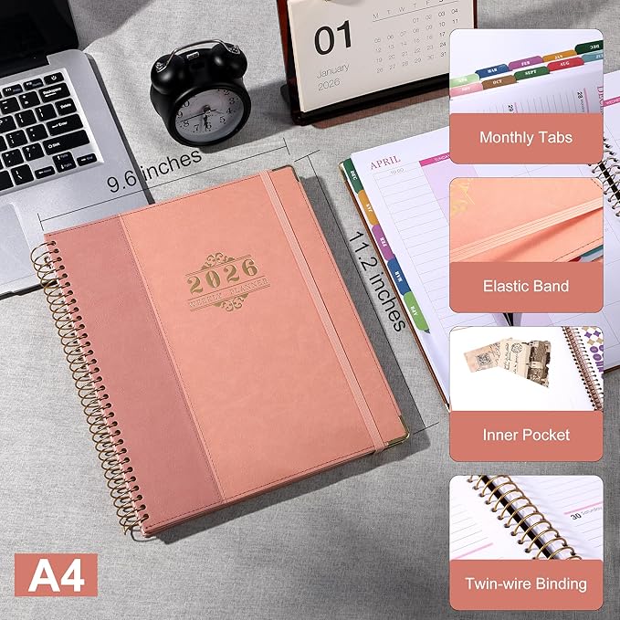 2026 Planner, Weekly and Monthly Calendar Planner Book,Dec 2025 - Dec 2026, Leather Hardcover Spiral Planner with Monthly Tabs, Notes Pages, Perfect for Women & Men, A4 (9.6" x 11.2") - Pink