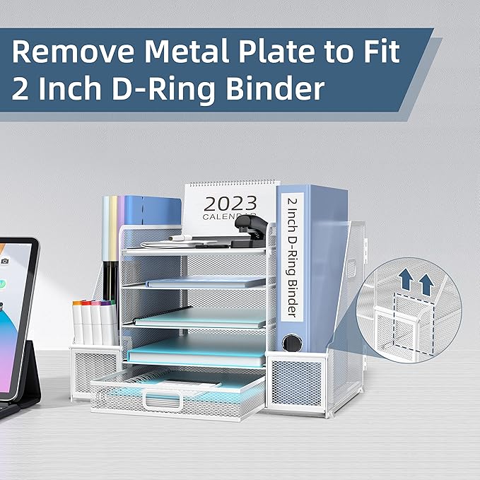 SUPEASY Mesh Desk Organizer with File Holder, 5-Tier Paper Letter Tray Organizer with Magazine Holder, Desktop Organizer and Storage with Drawer for Office Supplies Home or School, White