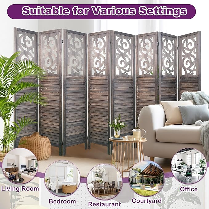 Room Divider, 5.6FT Folding Room Divider Panel, 8 Panel Craved Wood Partition Wall Divider for Room Separation, Rustic Brown