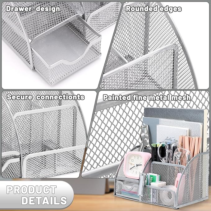 SYMDROMIA 13-in-1 Office Desk Organizer Set with Stapler and Tape Dispenser, Pen Holder, Scissors, Ruler, Hole Punch, 2 Pens & More Desktop Accessories for Back to School Supplies (Silver)