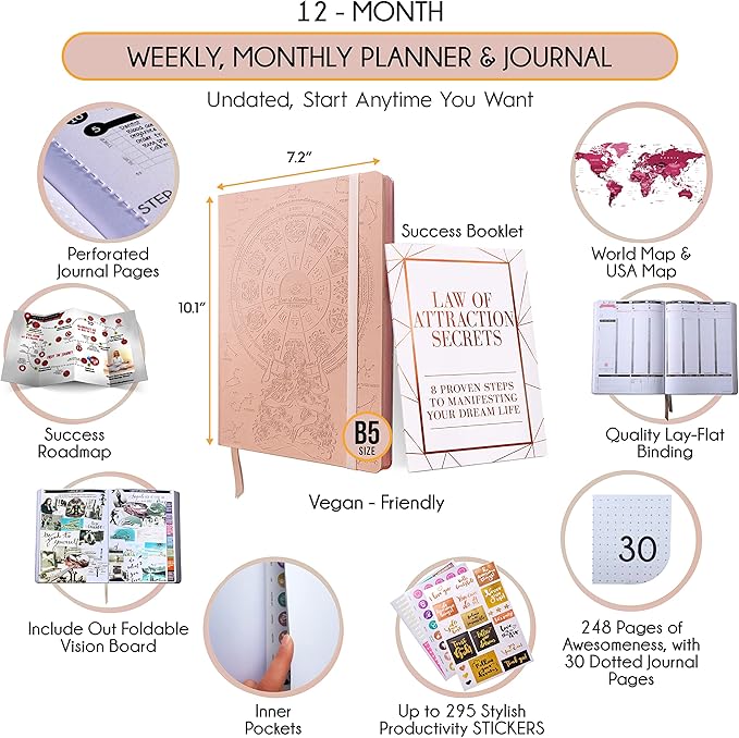 2026 Planner Weekly and Monthly | Undated Law of Attraction Planner | A 12 Month Journey for Productivity, Gratitude & Goal Setting | Includes Foldable Vision Board, Gift Box & Stickers