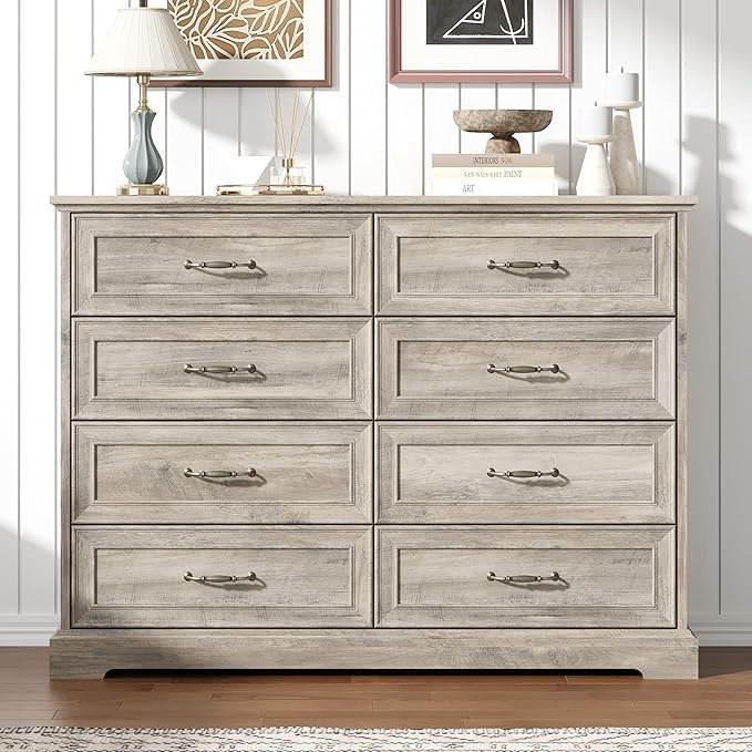 8 Drawer Dresser for Bedroom, 47" Wide Wooden Chest of Drawers, Rustic Farmhouse Dresser with Large Drawers & Metal Handles, Modern Storage Organizer for Closet, Living Room, Hallway, Grey