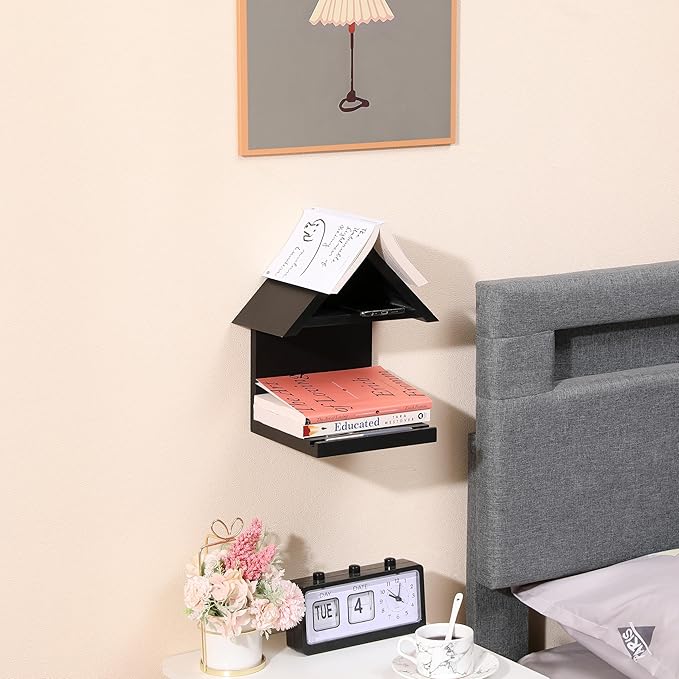 Wall Mounted Wood Bookcase, Small Bedside Bookshelf, Wooden Triangle Nightstand Book Rest,Gift for Book Lover Stand (Black)
