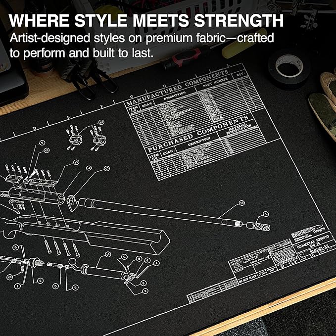 MPCO. Blueprints Large Gaming Desk Pad - 36" x 17" Duraglyde Fabric Browning 50 Cal – Black Desk Mats - Non-Slip, Washable, Smooth Glide for Precision Gaming & Work