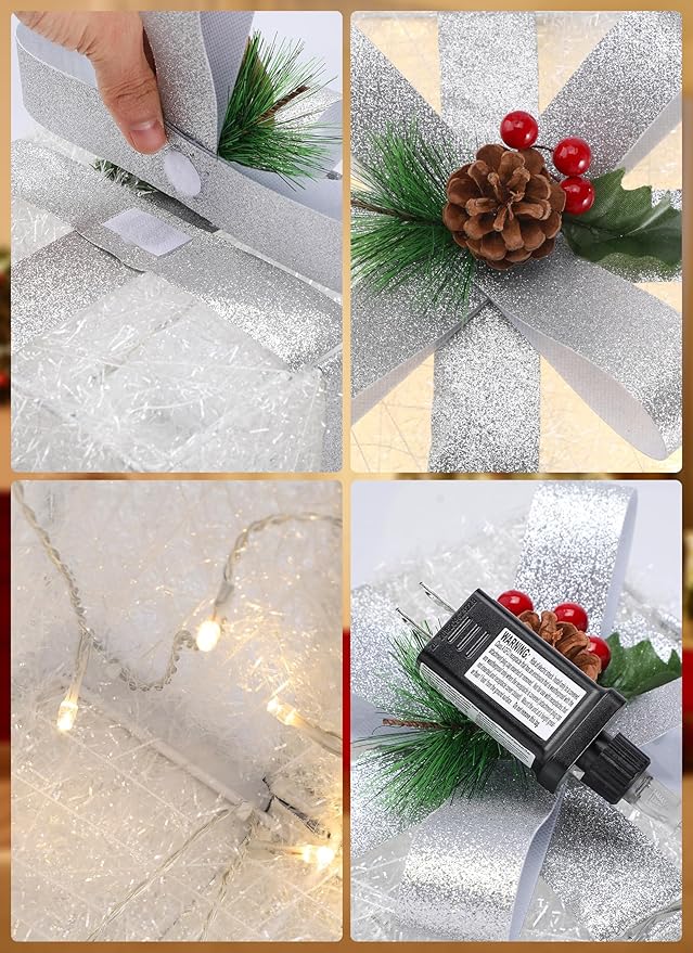 Set of 3 Christmas Decorations Lighted Gift Boxes, 12in 10in 8in with 60 Pre-Lit Mini String Lights，Foldable LED Xmas Gift Boxes with Bows for Tree Indoor Outdoor Holiday Party Yard Home Decor