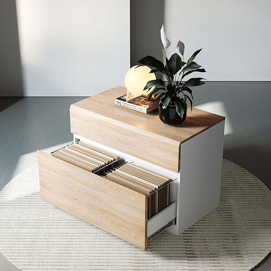 2 Drawer Lateral File Cabinet, 31W*23H Wood Filing Cabinet with Anti-tilt Mechanism, Home Office Storage Filing for Letter, A4 & Legal Size, Light Walnut